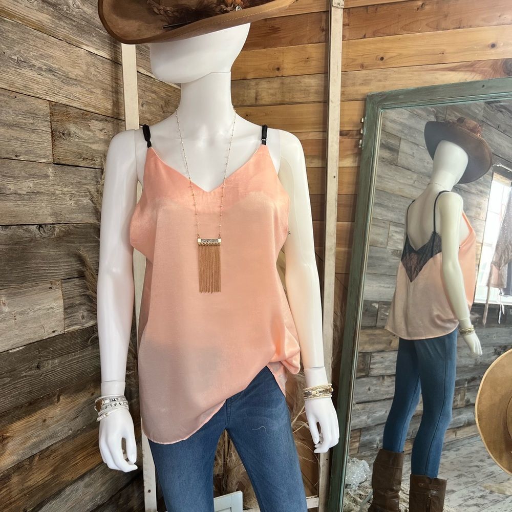 Boutique Brand Coral Satin Lace Trim Open Back V Neck Cami Tank 💗